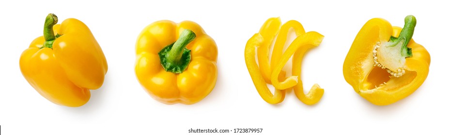 Set of fresh whole and sliced yellow sweet pepper isolated on white background. Top view - Shutterstock ID 1723879957