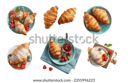 set of freshly baked croissant and jam on blue plate isolated on white background, top view