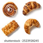 set of freshly baked pastries isolated on white background, top view