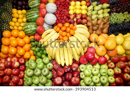  Set of freshly picked organic fruits at market stall

