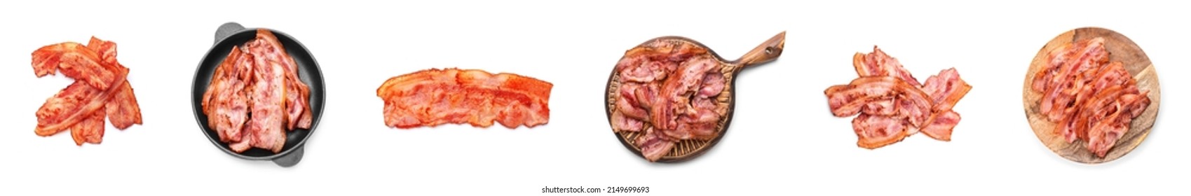 Set of fried bacon rashers on white background