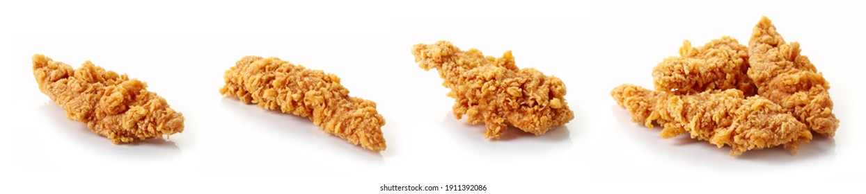 Set of fried breaded chicken fillet isolated on white background