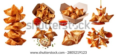 Set of fried Crispy wontons dumpling, Crab Rangoon puffs, takeaway carton box, chili dip sauce, stack pile broken bitten pieces isolated cutout Mockup