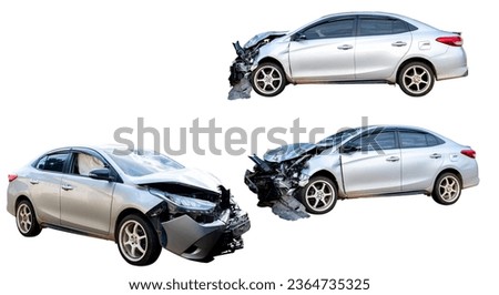 Set of Front of white car get damaged by accident on the road. damaged cars after collision. isolated on white background with clipping path include