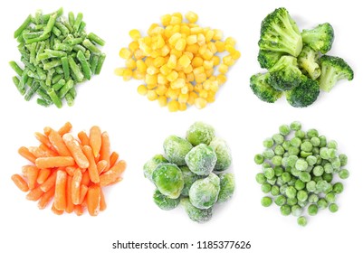 Set With Frozen Vegetables On White Background, Top View