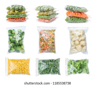 Set with frozen vegetables in plastic bags on white background