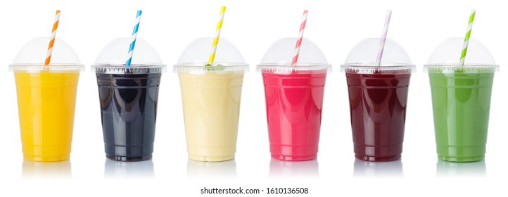 Set of fruit smoothies fruits orange juice straw drink in cups isolated on a white background - Powered by Shutterstock