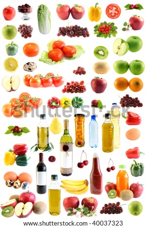 The set fruit, vegetables, meal, drinks, on a white background, is isolated.