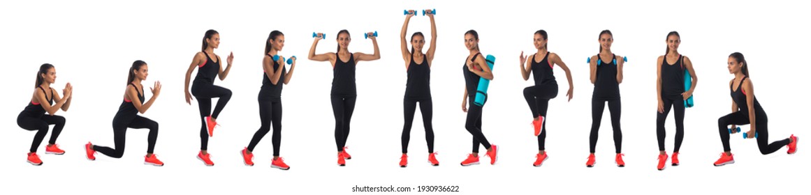 Set Of Full Legth Portraits Od Healthy Hispanic Fitness Girl With Doing Workout Squat Exercise Dumbbell Isolated On White Background