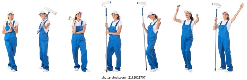 Set of full length portraits of female house painter woman isolated on white background - Shutterstock ID 2192821707