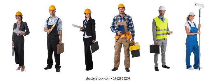 Set Of Full Length Portraits Of Professional Workers Business People Architects Isolated Over White Background