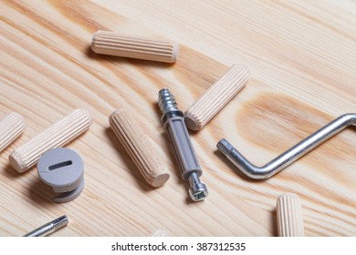 Set Of Furniture Accessories On Light Wooden Background. Top View.