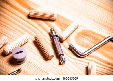 Set Of Furniture Accessories On Light Wooden Background. Top View. Toned.