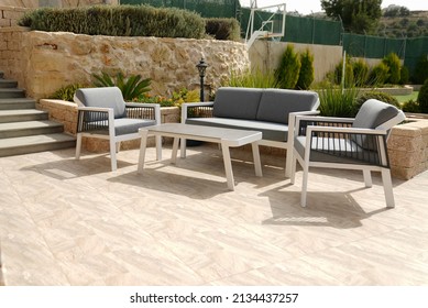 Set Of Furniture For The Garden Or Terrace. Comfortable Sofa And Two Armchairs With Soft Pillows And A Coffee Table,aluminum Furniture