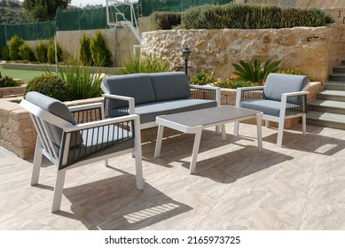 Set Of Furniture For The Garden Or Terrace. Comfortable Sofa And Two Armchairs With Soft Pillows And A Coffee Table,aluminum Furniture