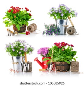 Set Garden Flowers With Tools Isolated On White Background