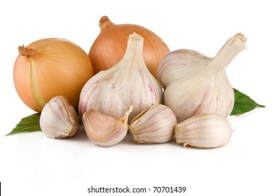 Set Of Garlic And Onion Isolated On White Background