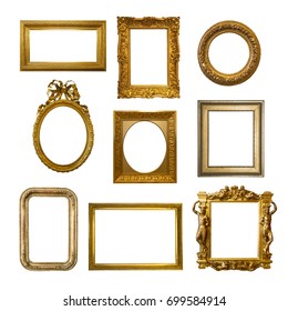 Set of gilded antique frames isolated on white background