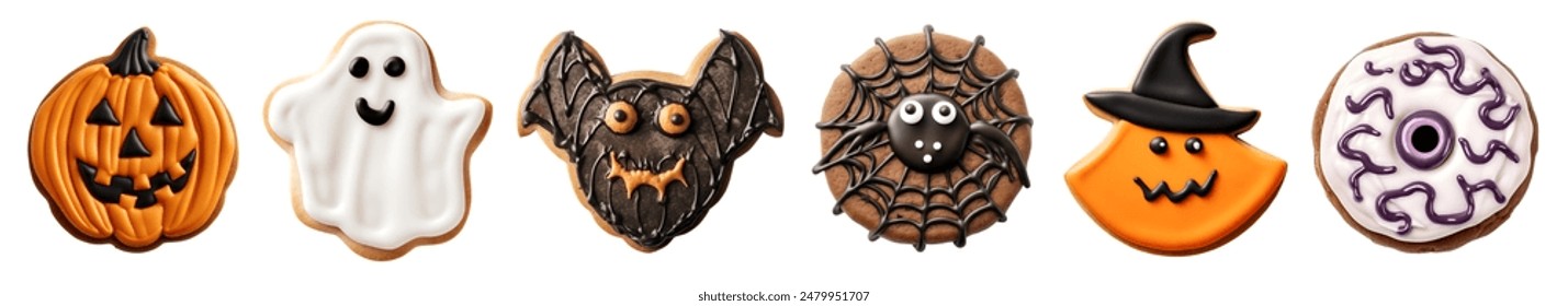 Set of Gingerbread halloween Jack O Lantern pumpkin, ghost, spider cobweb, bat, witch, eyeball cookie biscuit on cutout file. Many assorted different design. Mockup template for artwork design - Powered by Shutterstock