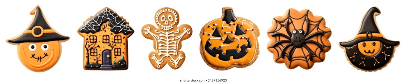 Set of Gingerbread halloween pumpkin, skeleton, Jack O Lantern, haunted house, witch, spider cobweb cookie biscuit on cutout file. Many different design. Mockup template for design - Powered by Shutterstock