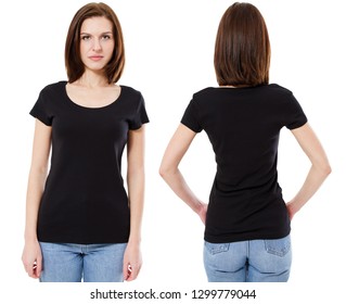 Set Girl In Blank Black Tshirt Mockup Design For Print And Concept Template Young Woman In T-shirt Front And Back View Isolated White Background With Clipping Path