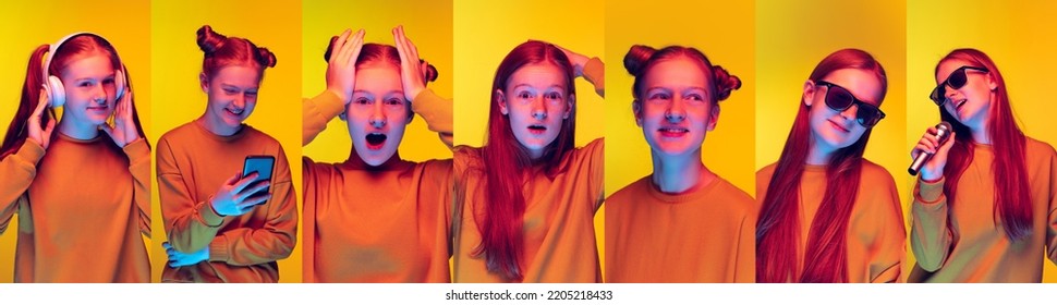 Set Of Girl's Emotions. Young Pretty Girl, Teen Showing Different Emotions And Facial Expressions. Angry, Annoyed, Calm, Happy, Excited. Concept Of Youth, Mood, Ad. Flyer