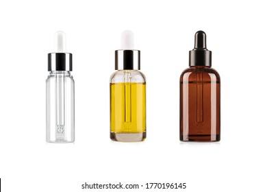 Set Of Glass Bottle Cosmetics With Dropper. Liquid Essential , Collagen Serum And Organic Aroma Oil For Beauty Isolated On White Background.