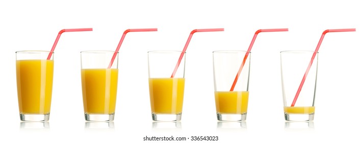 Set Of Glass Of Fresh Orange Juice With Straw On White Background