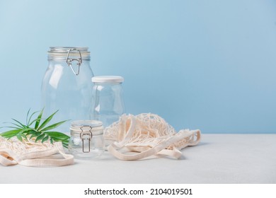 Set Of Glass Jars And Bags For Zero Waste Grocery Shopping. Sustainable Recycling Of Packaging