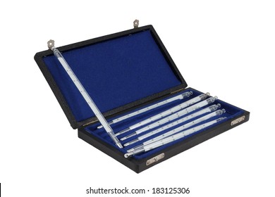 Set glass thermometers for measuring the temperature of the water. The old kit in the box. Isolated object on white background.