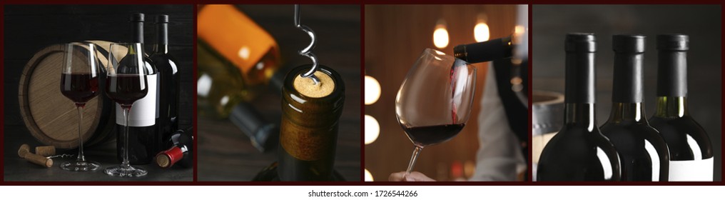 Set with glasses and bottles of red wine. Banner design