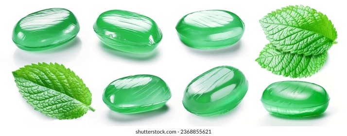 Set of glossy green mint candies with mint leaves isolated on a white background. Menthol candies collection.