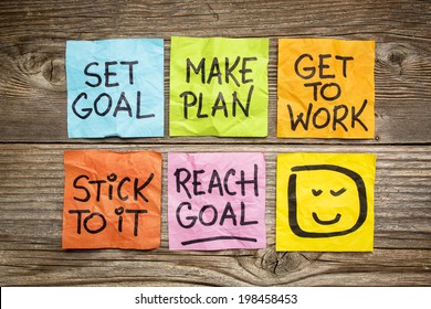 Set Goal, Make Plan, Work, Stick To It, Reach Goal - A Success Concept Presented With Colorful Sticky Notes