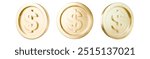 Set of gold dollar coin with dollar sign on isolated background. Award coins. Golden money. Gold currency. 3d rendering