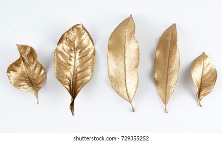 Set Of Gold Leaves. Christmas Decoration. Gold Leaf.