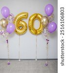 set of gold and purple balloons, gold numbers 60 years old foil balloons