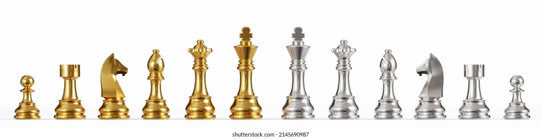 Set of gold and silver chess on a white background. 3D rendering illustration.