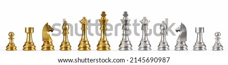 Set of gold and silver chess on a white background. 3D rendering illustration.
