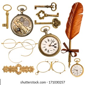 set of golden antique objects. old keys, clock, ink feather pen, nostalgic glasses isolated on white background