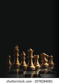 The set of golden chess pieces element, king, queen rook, bishop, knight, pawn standing on chessboard on dark background, vertical style. Leadership, teamwork, partnership, business strategy concept.