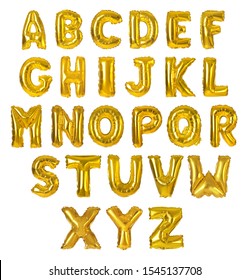 Set With Golden Foil Balloons In Shape Of Letters On White Background