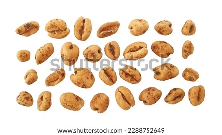 Set of golden puffed wheat grains. Isolated on white background. Close up view and details. Organic and healthy cereal food. Honey air rice. 