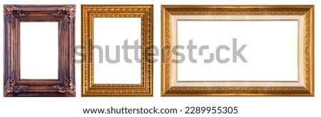 Set of golden wooden frames isolated on white background