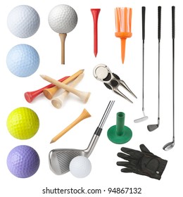 Set Of Golf Equipment Isolated On White Background. Collection Includes Clubs, Balls, Tees, Glove And Divot Repairing Tool With Ball Marker.