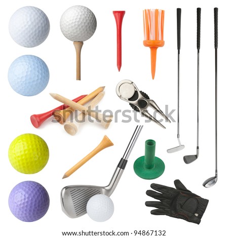 Set of golf equipment isolated on white background. Collection includes clubs, balls, tees, glove and divot repairing tool with ball marker.