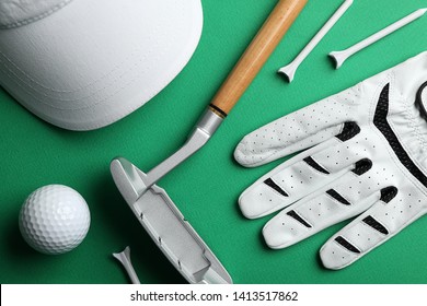 Set Of Golf Equipment On Color Background, Flat Lay