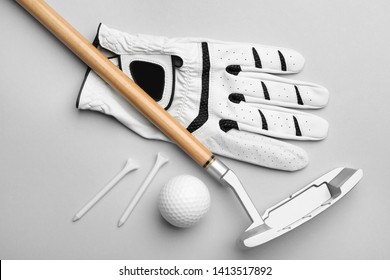 Set Of Golf Equipment On Grey Background, Flat Lay