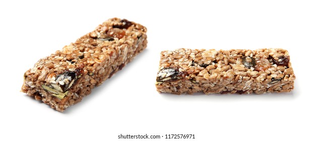 Set With Grain Cereal Bars On White Background. Healthy Snacks