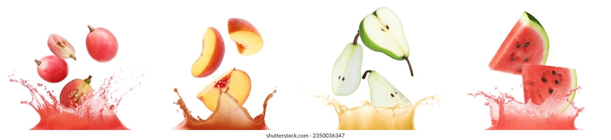 Set with grape, peach, pear, watermelon juices and fresh fruits isolated on white - Powered by Shutterstock