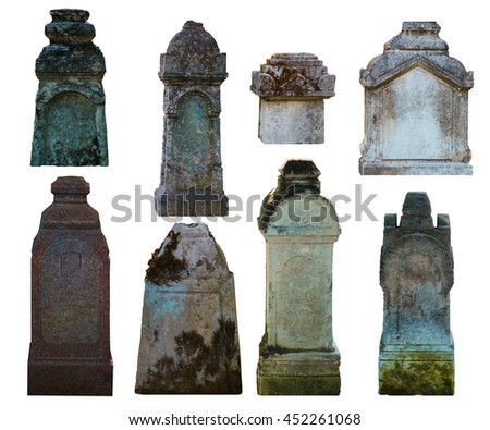 Set of gravestones, isolated on white.